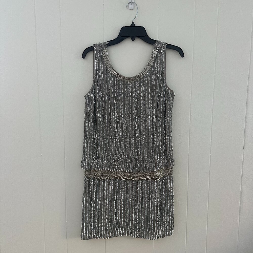 Adrianna Papell Size 10 Formal Silver Sequined & Beaded Blouson Tank Dress
